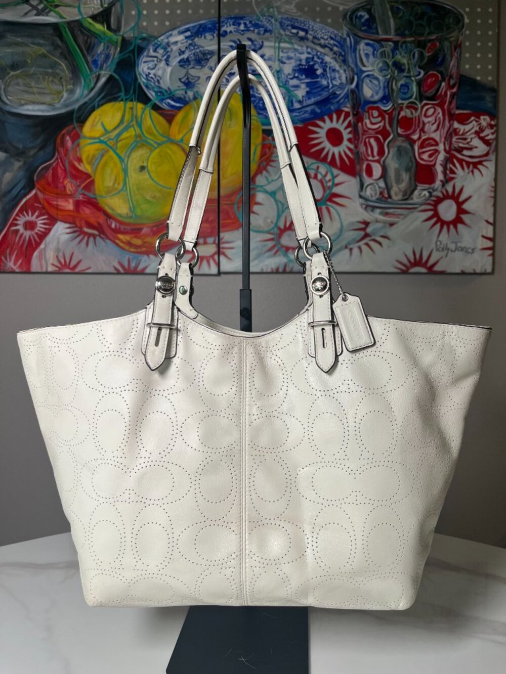 Coach Ivory Leather Op Art Perforated Tote Bag F16598